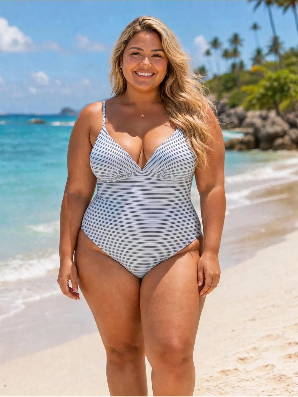 Kona Sol Navy Blue & White Striped One-Piece Swimsuit - Size Large